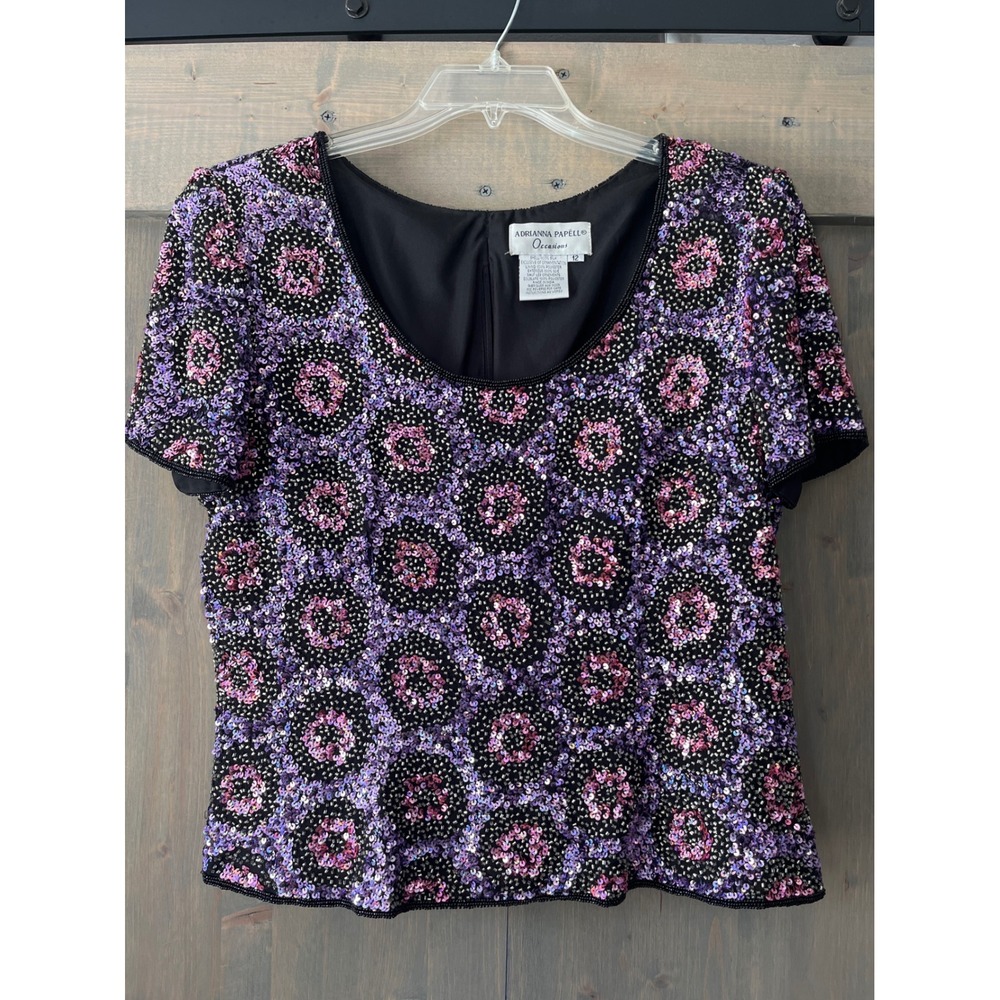 Adrianna Papell Evening Silk Sequin Beaded Top Black Pink Purple Sz 12 Back Zip‎